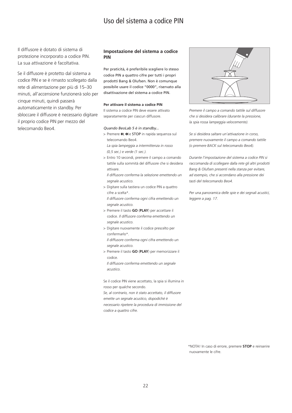 Uso del sistema a codice pin, Italiano – (italian) | Bang & Olufsen BeoLab 5 - pin code correction User Manual | Page 22 / 24