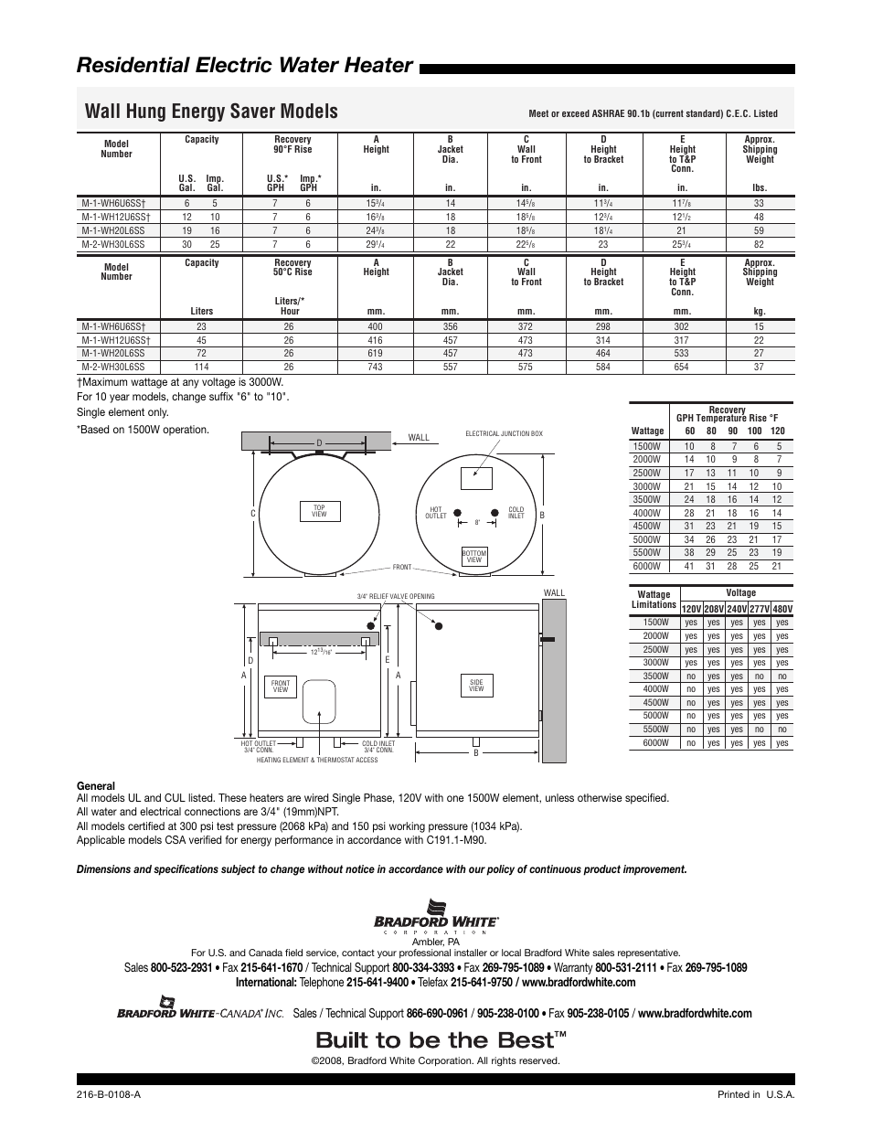 Residential electric water heater, Wall hung energy saver models | Bradford-White Corp 216-B User Manual | Page 2 / 2