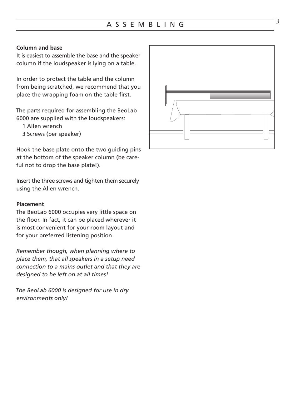 Assembling, Column and base, Placement | Bang & Olufsen BeoLab 6000 - User Guide User Manual | Page 3 / 8