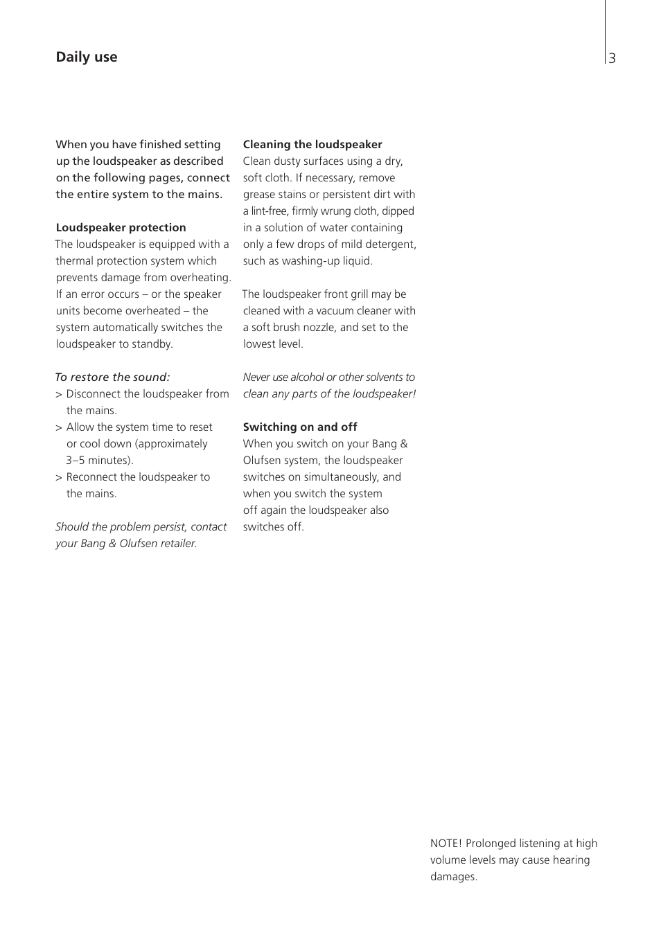Daily use, Loudspeaker protection, Cleaning the loudspeaker | Switching on and off | Bang & Olufsen BeoLab 7-1 - User Guide User Manual | Page 3 / 12