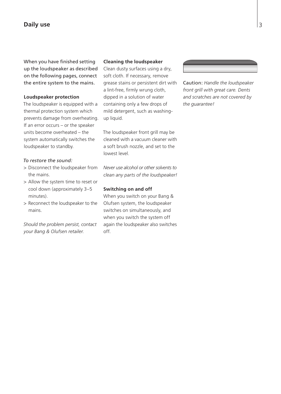 Daily use, Loudspeaker protection, Cleaning the loudspeaker | Switching on and off | Bang & Olufsen BeoLab 7-2 - User Guide User Manual | Page 3 / 12