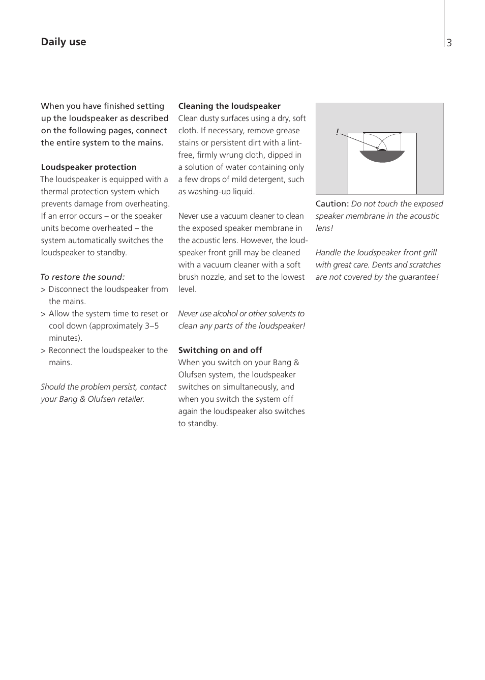 Daily use, Loudspeaker protection, Cleaning the loudspeaker | Switching on and off | Bang & Olufsen BeoLab 7-4 - User Guide User Manual | Page 3 / 12