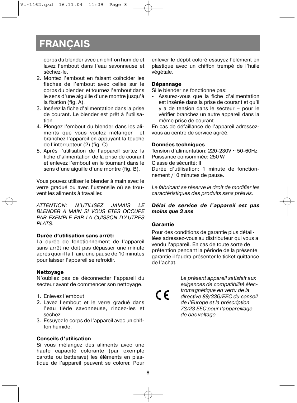 Français | Vitek VT-1462 User Manual | Page 11 / 32