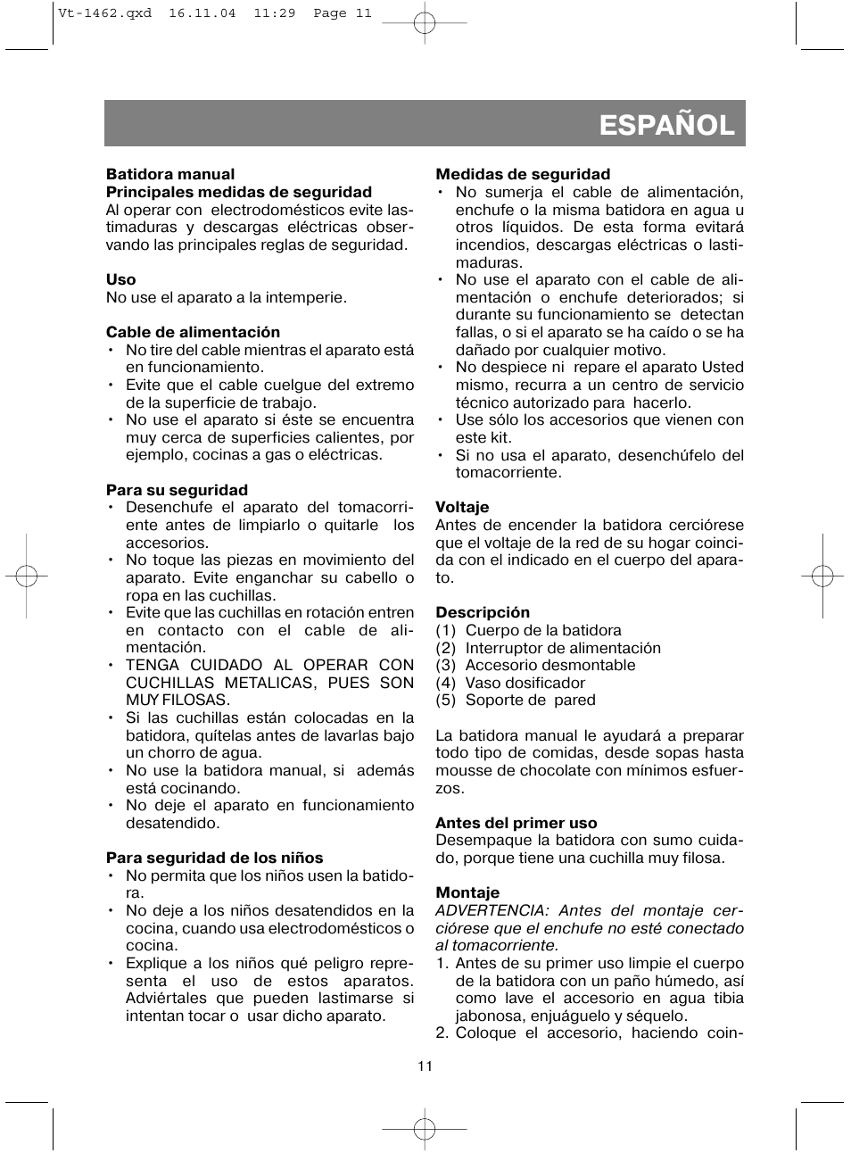 Español | Vitek VT-1462 User Manual | Page 14 / 32
