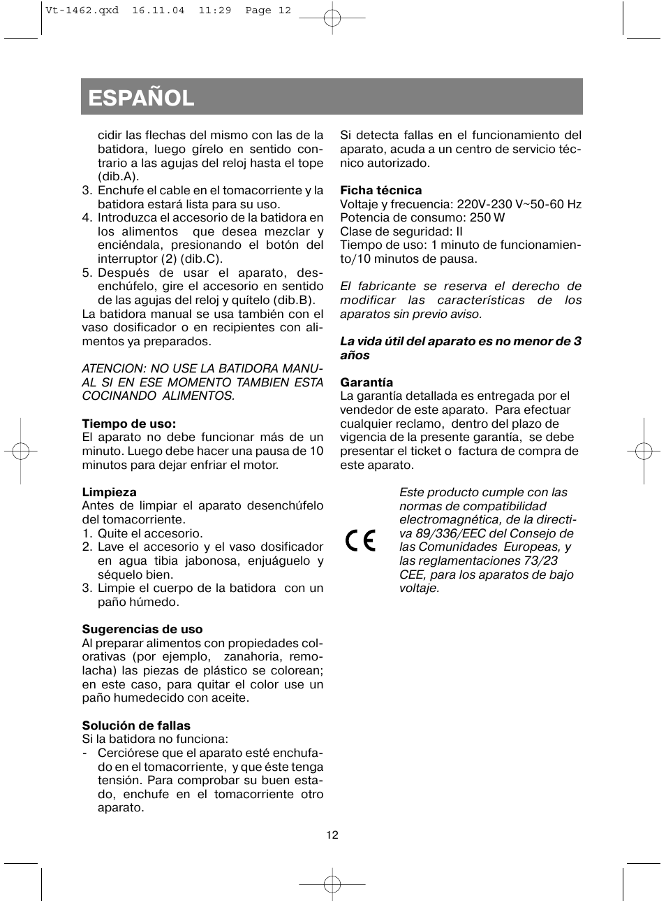Español | Vitek VT-1462 User Manual | Page 15 / 32