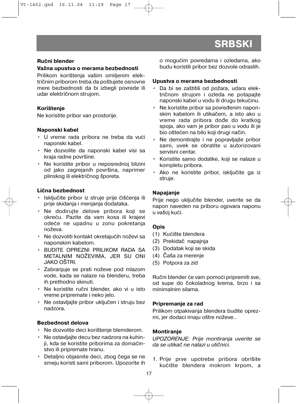 Srbski | Vitek VT-1462 User Manual | Page 20 / 32