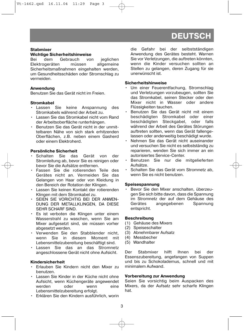 Deutsch | Vitek VT-1462 User Manual | Page 6 / 32