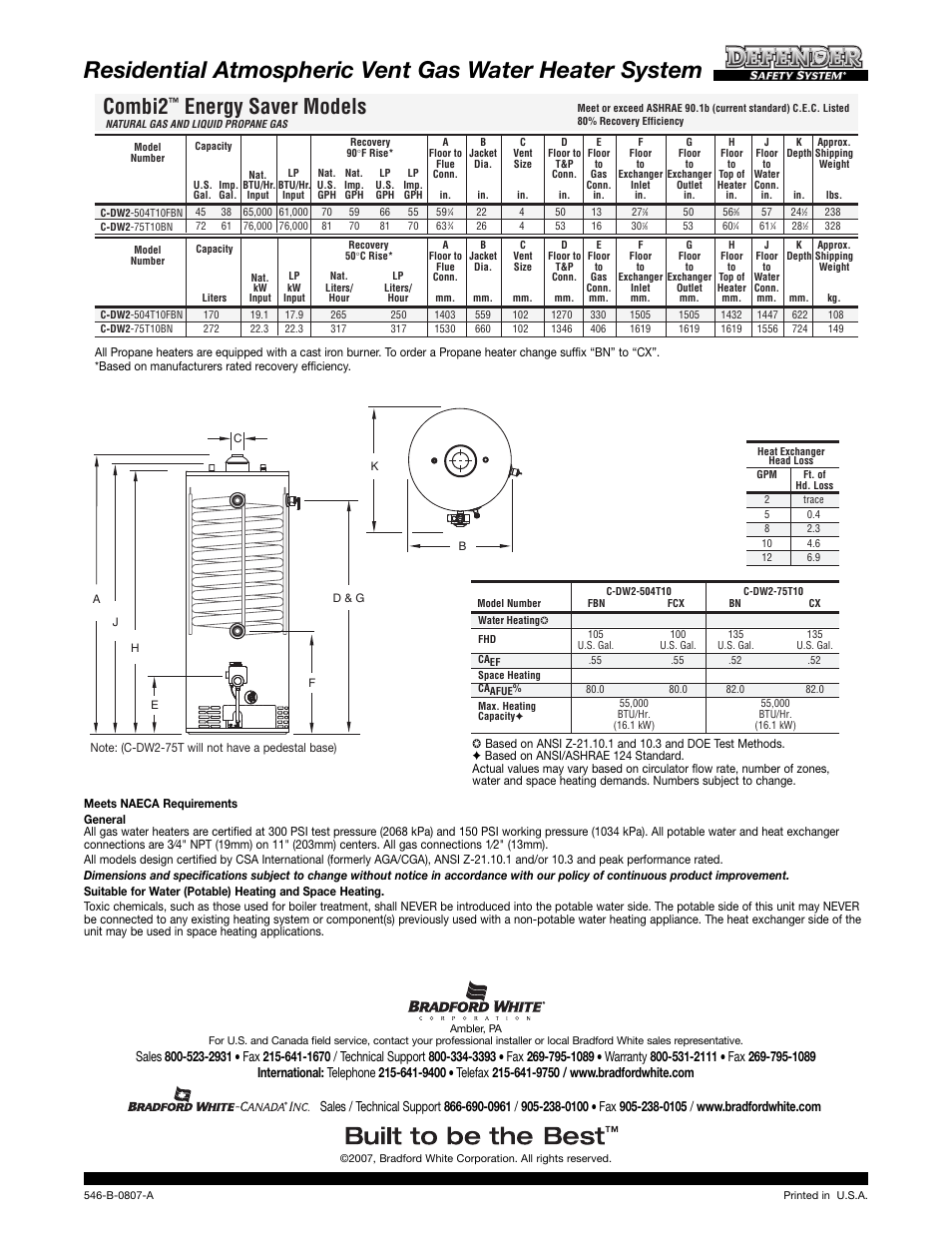 Combi2, Energy saver models | Bradford-White Corp 546-B User Manual | Page 2 / 2