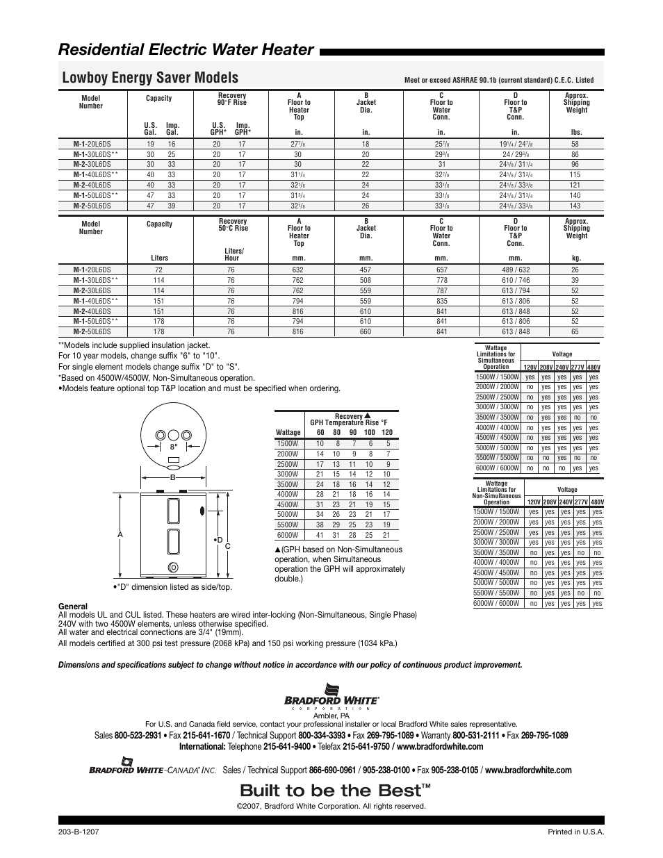 Residential electric water heater, Lowboy energy saver models | Bradford-White Corp 203-B User Manual | Page 2 / 2