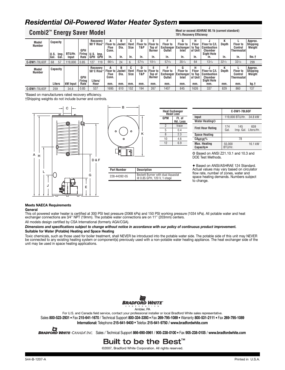 Residential oil-powered water heater system, Combi2, Energy saver model | Bradford-White Corp 544-B User Manual | Page 2 / 2