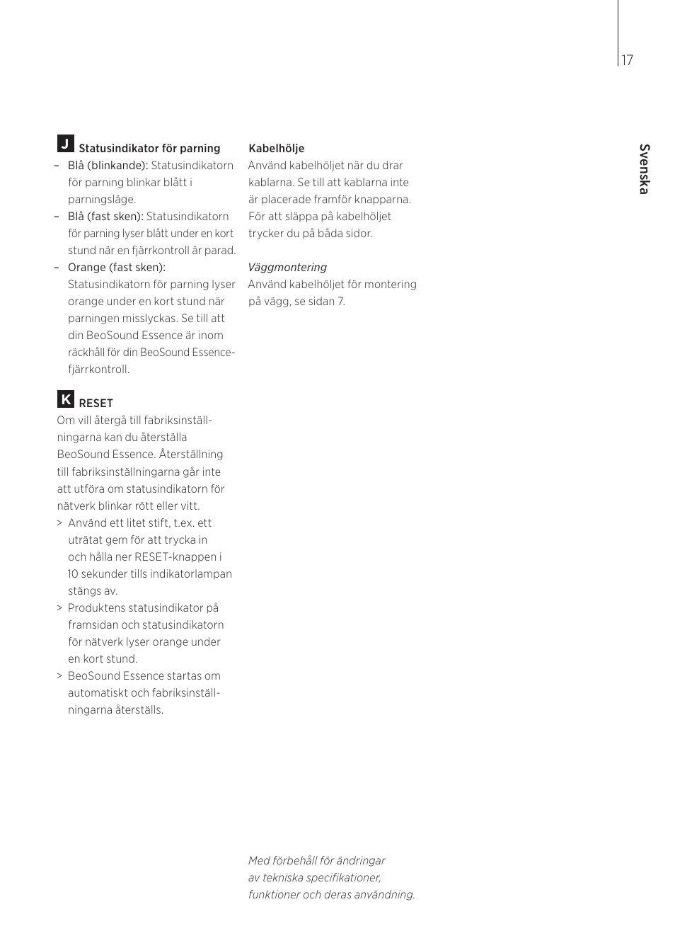 Svenska | Bang & Olufsen BeoSound Essence - User Guide User Manual | Page 17 / 76