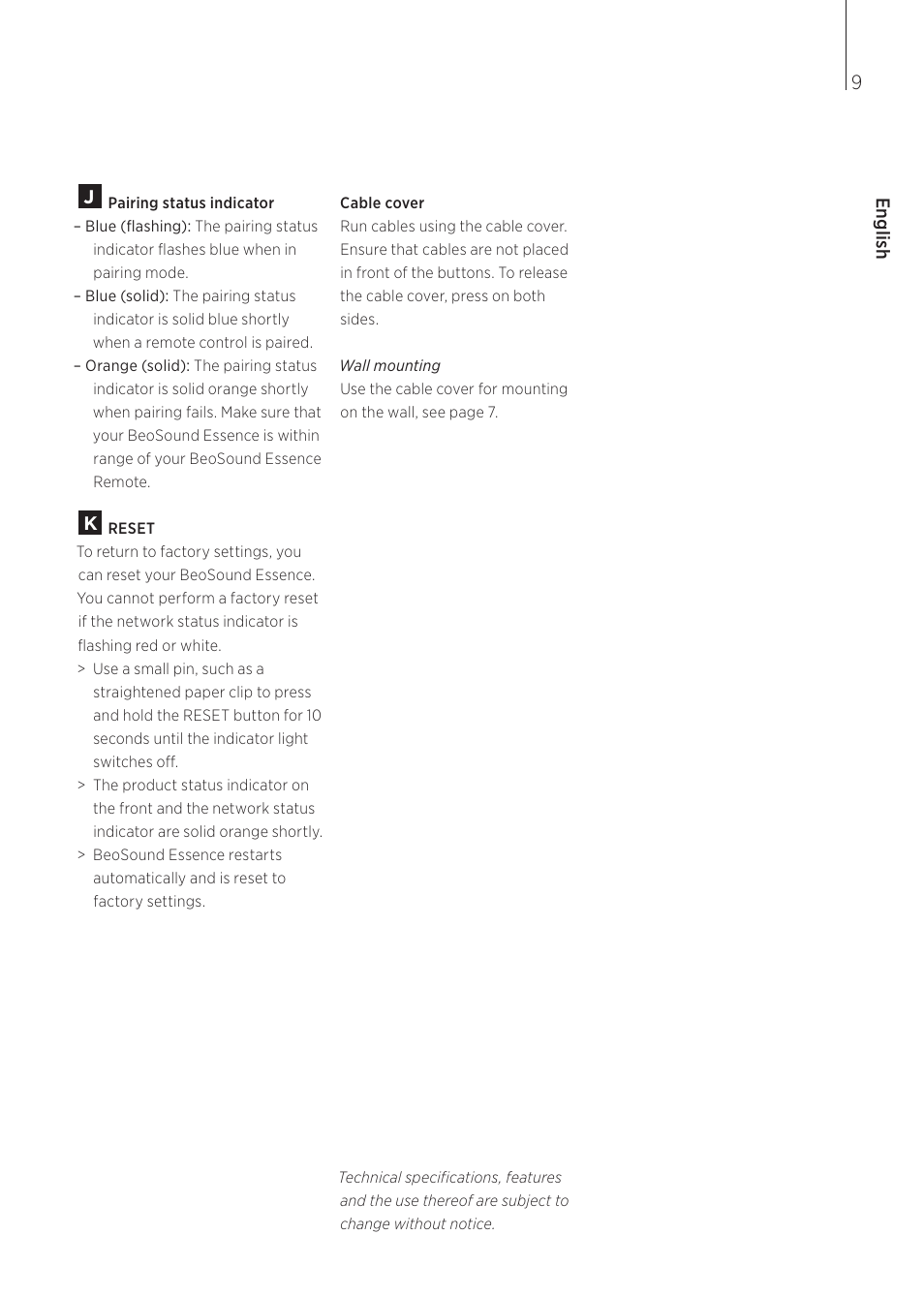 English | Bang & Olufsen BeoSound Essence - User Guide User Manual | Page 9 / 76