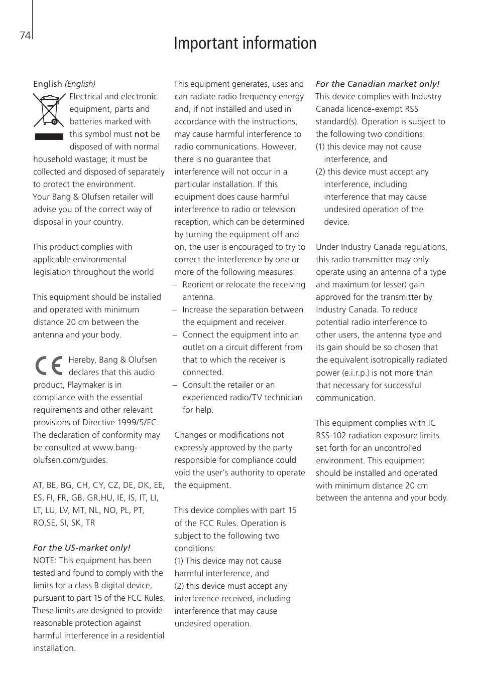 Important information | Bang & Olufsen Playmaker - User Guide User Manual | Page 74 / 80