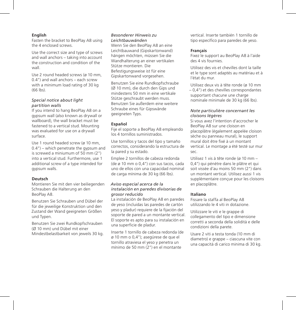 Bang & Olufsen BeoPlay A8 - Wall Bracket User Manual | Page 3 / 4