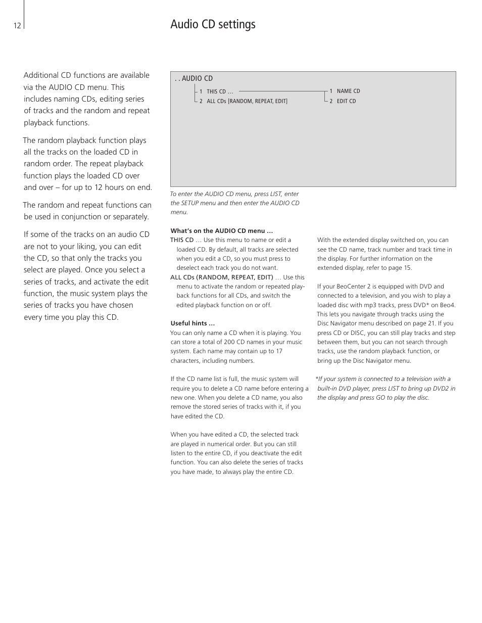 Audio cd settings | Bang & Olufsen BeoCenter 2 - User Guide User Manual | Page 12 / 28