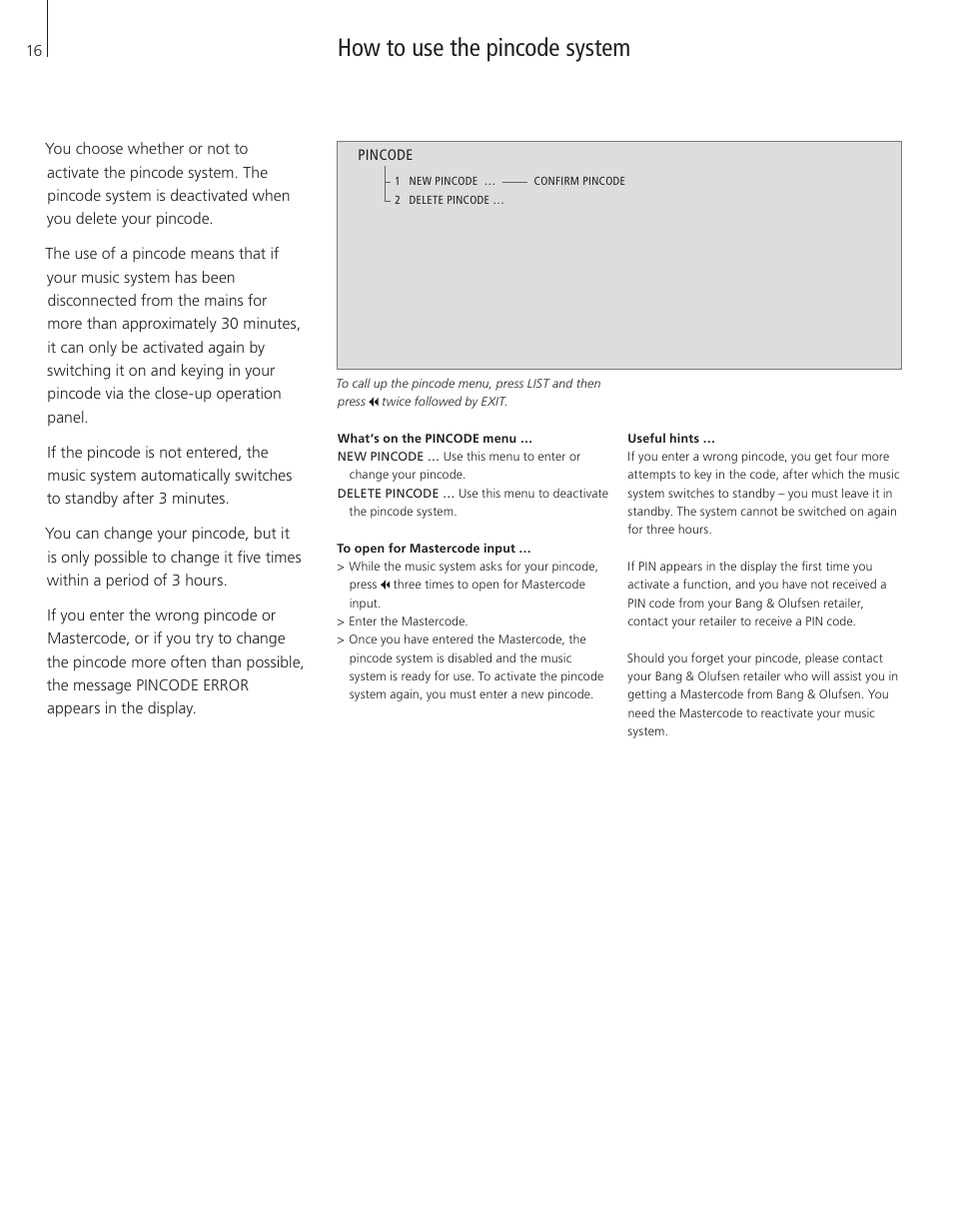 How to use the pincode system | Bang & Olufsen BeoCenter 2 - User Guide User Manual | Page 16 / 28