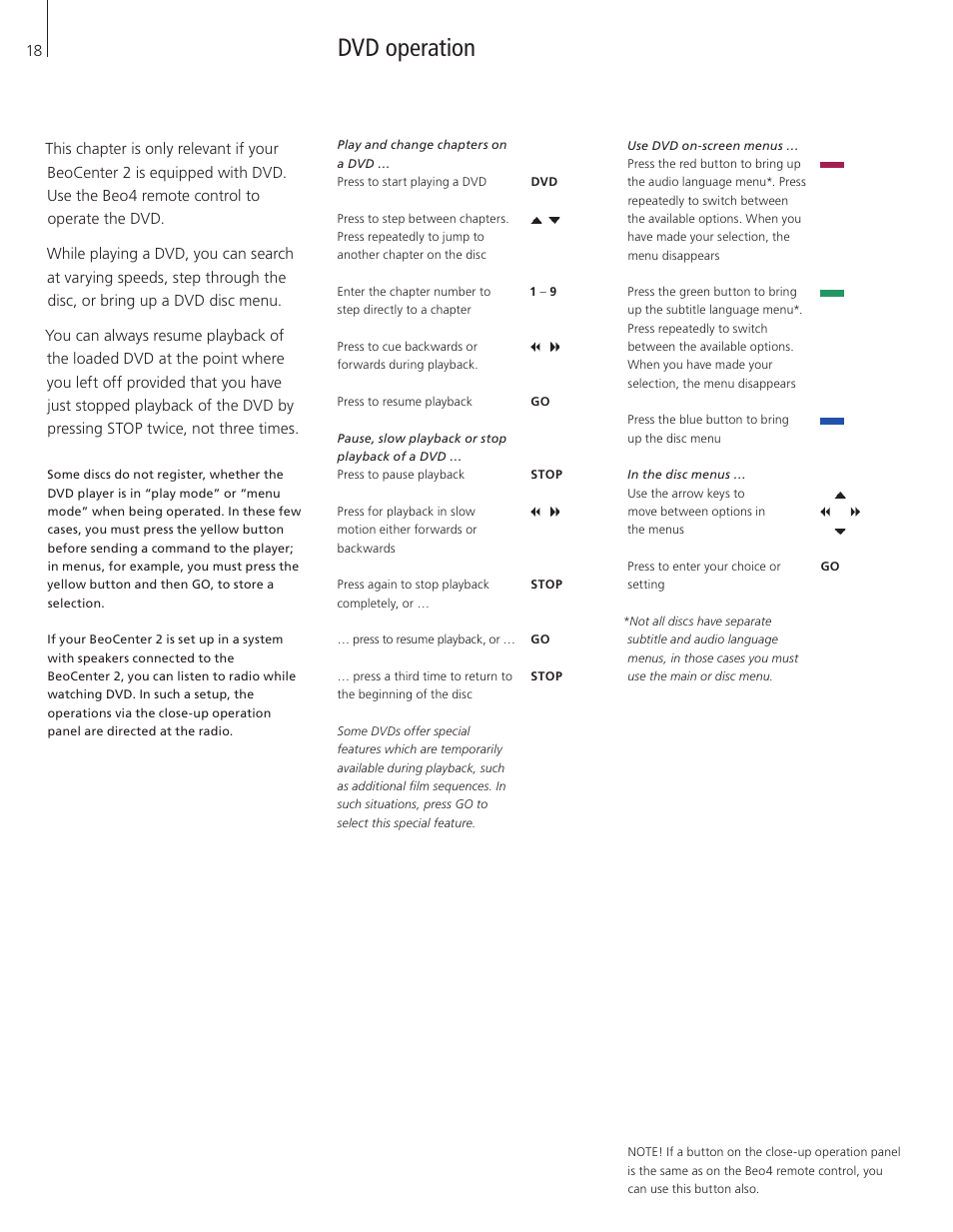 Dvd operation | Bang & Olufsen BeoCenter 2 - User Guide User Manual | Page 18 / 28