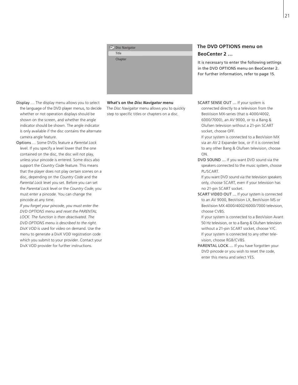 The dvd options menu on beocenter 2 | Bang & Olufsen BeoCenter 2 - User Guide User Manual | Page 21 / 28