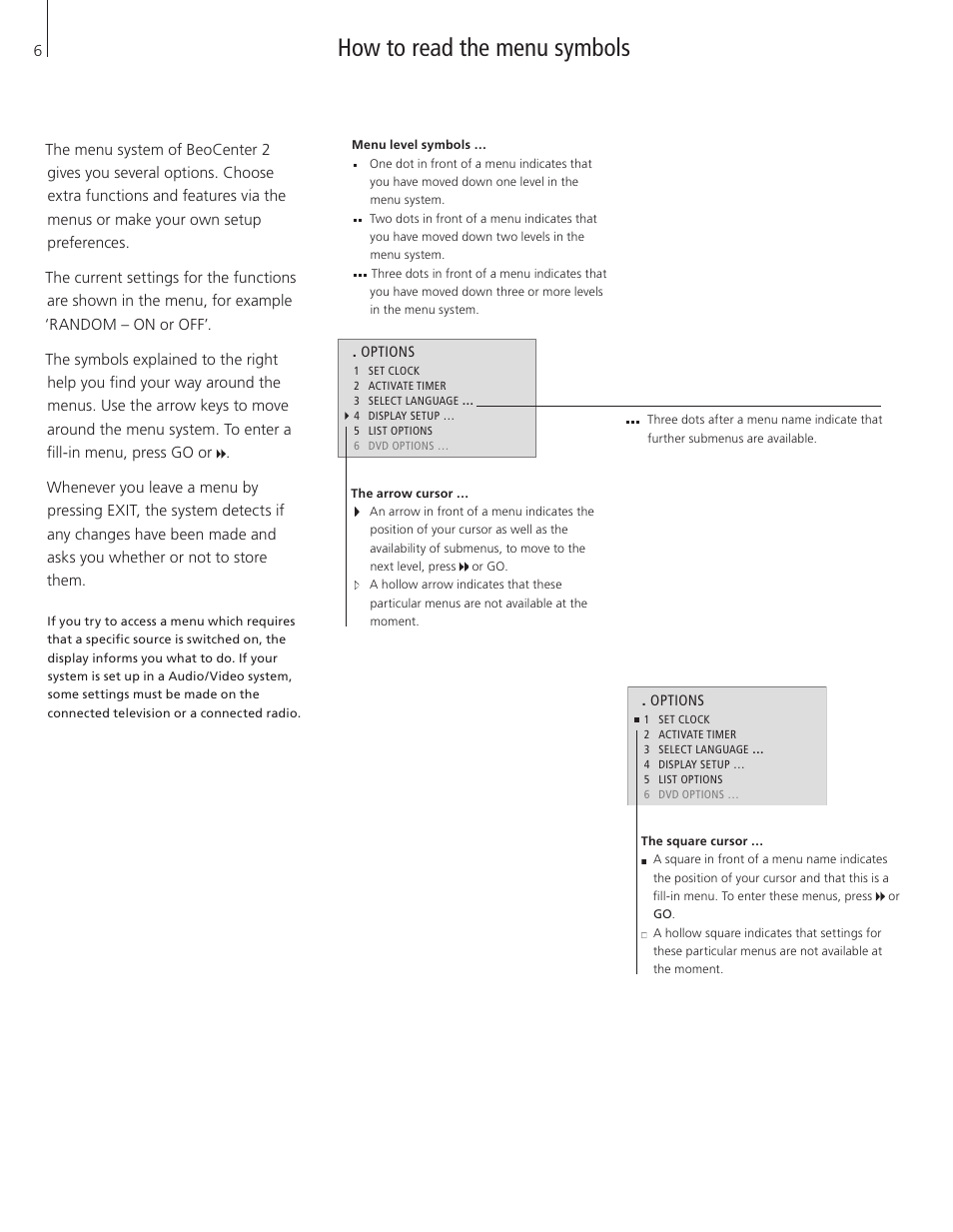 How to read the menu symbols | Bang & Olufsen BeoCenter 2 - User Guide User Manual | Page 6 / 28