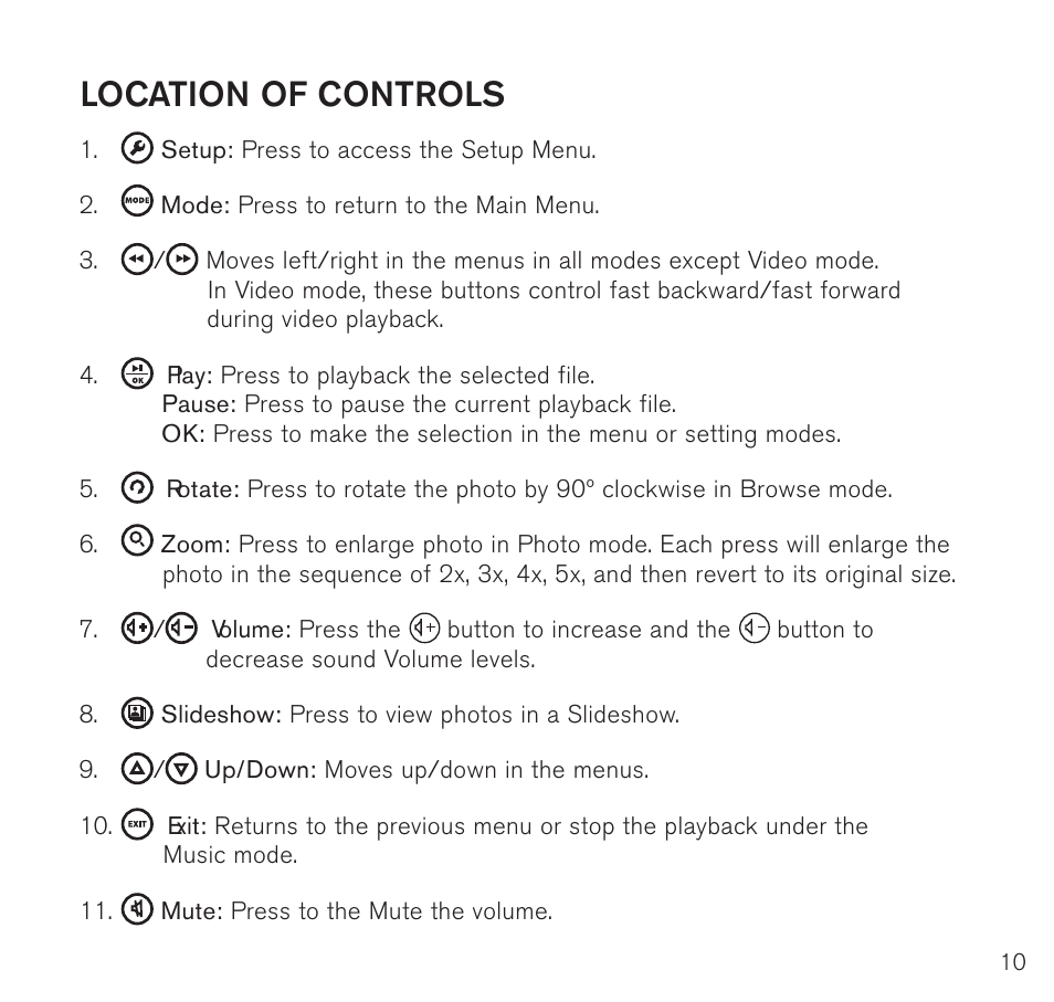 Location of controls | Brookstone Digital Photo Frame User Manual | Page 11 / 40