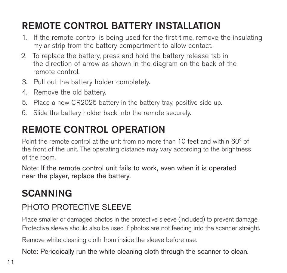 Remote control battery installation, Remote control operation, Scanning | Brookstone Digital Photo Frame User Manual | Page 12 / 40