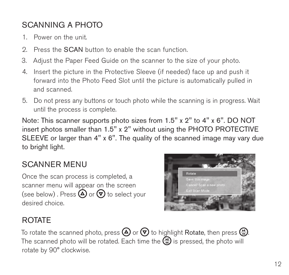 Scanning a photo, Scanner menu, Rotate | Brookstone Digital Photo Frame User Manual | Page 13 / 40