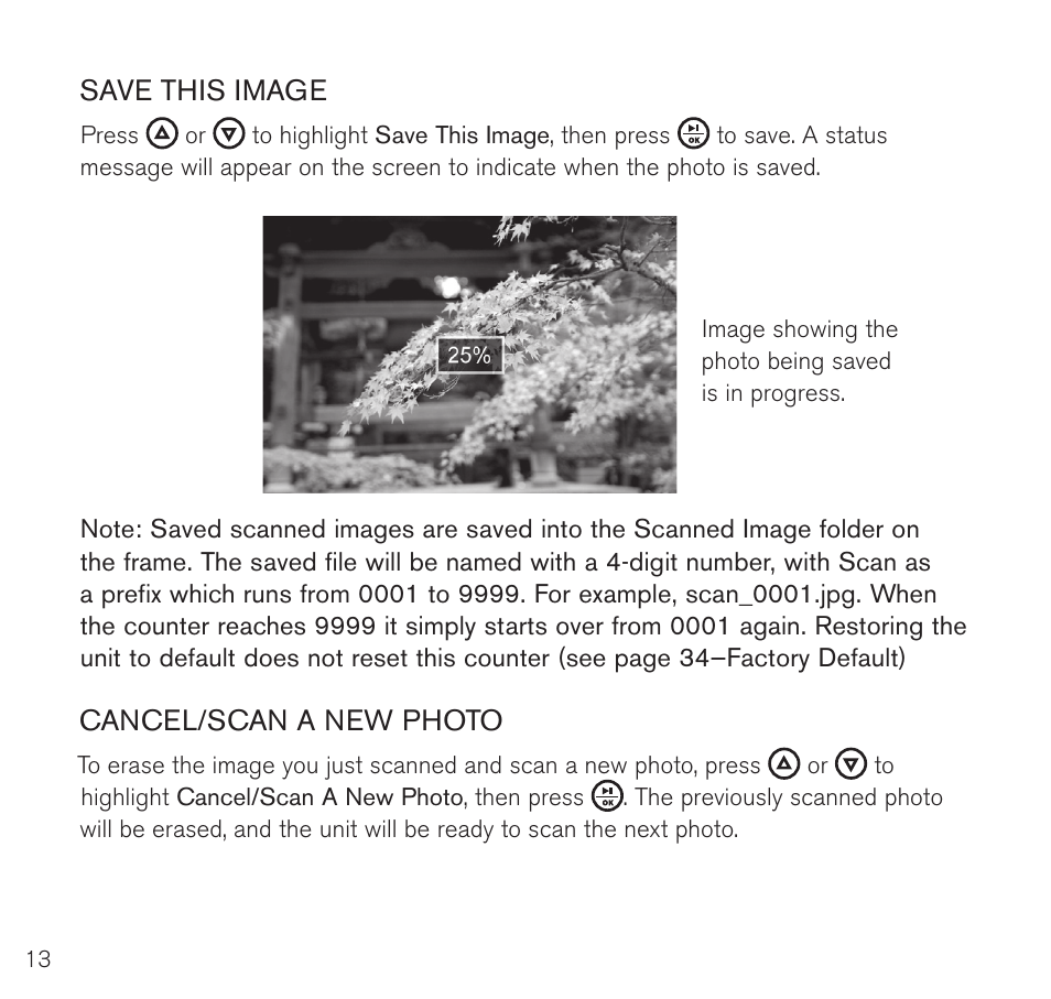 Save this image, Cancel/scan a new photo | Brookstone Digital Photo Frame User Manual | Page 14 / 40