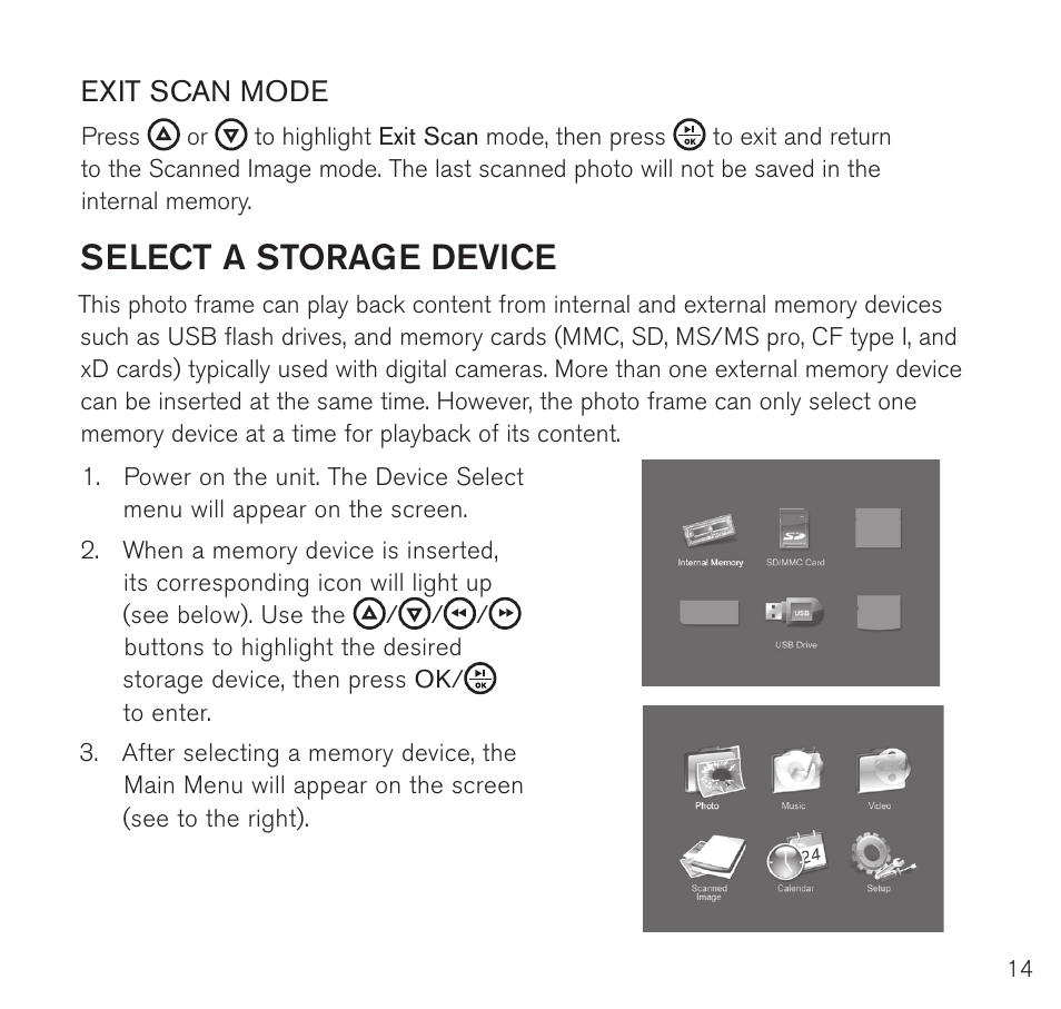 Select a storage device, Exit scan mode | Brookstone Digital Photo Frame User Manual | Page 15 / 40