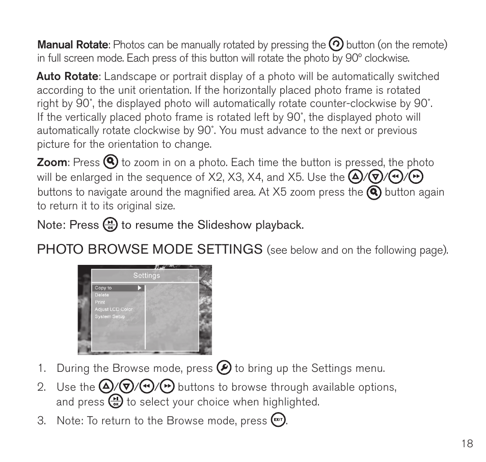Photo browse mode settings | Brookstone Digital Photo Frame User Manual | Page 19 / 40