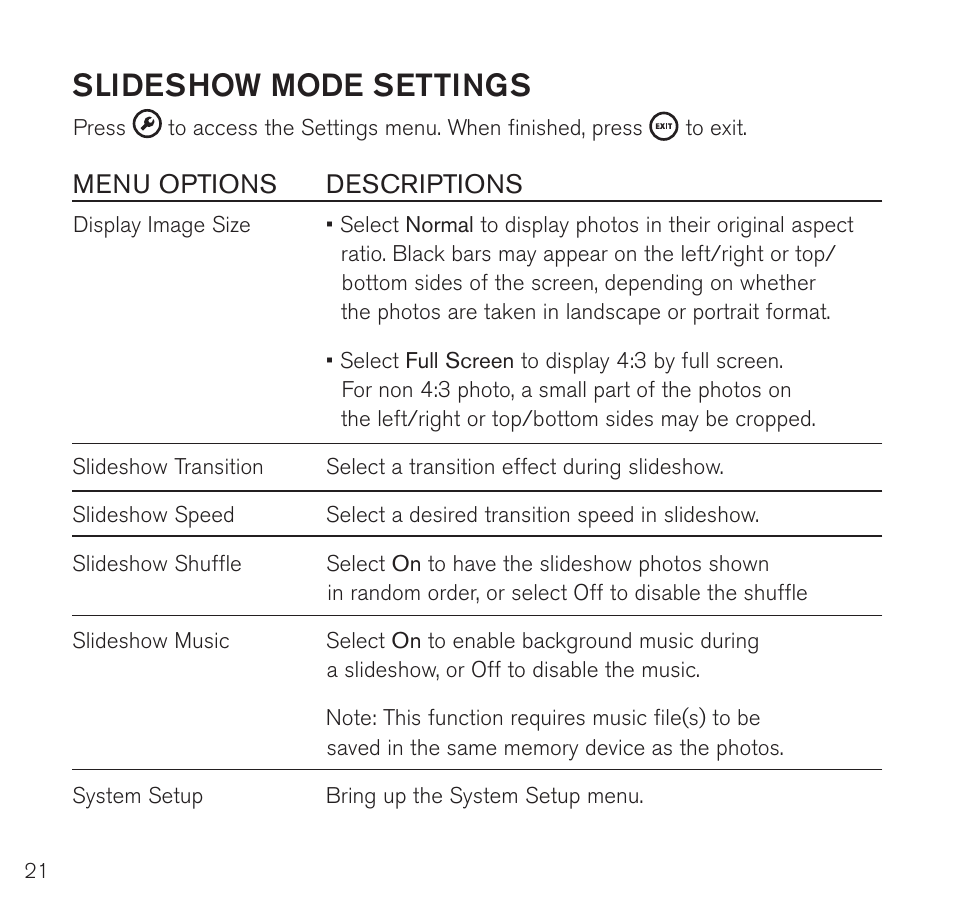 Slideshow mode settings, Menu options descriptions | Brookstone Digital Photo Frame User Manual | Page 22 / 40