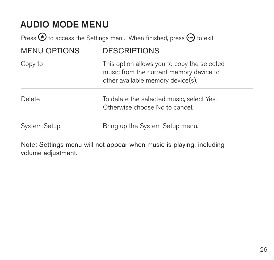 Audio mode menu | Brookstone Digital Photo Frame User Manual | Page 27 / 40