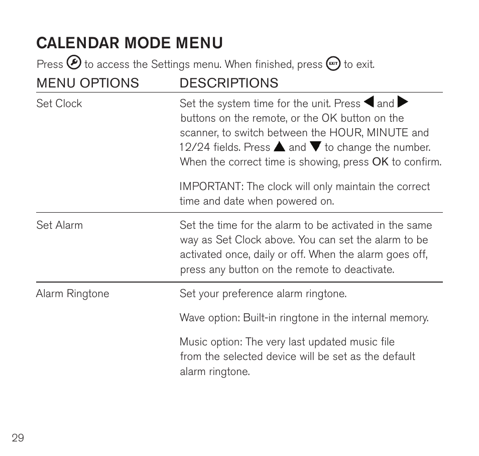 Calendar mode menu, Menu options descriptions | Brookstone Digital Photo Frame User Manual | Page 30 / 40