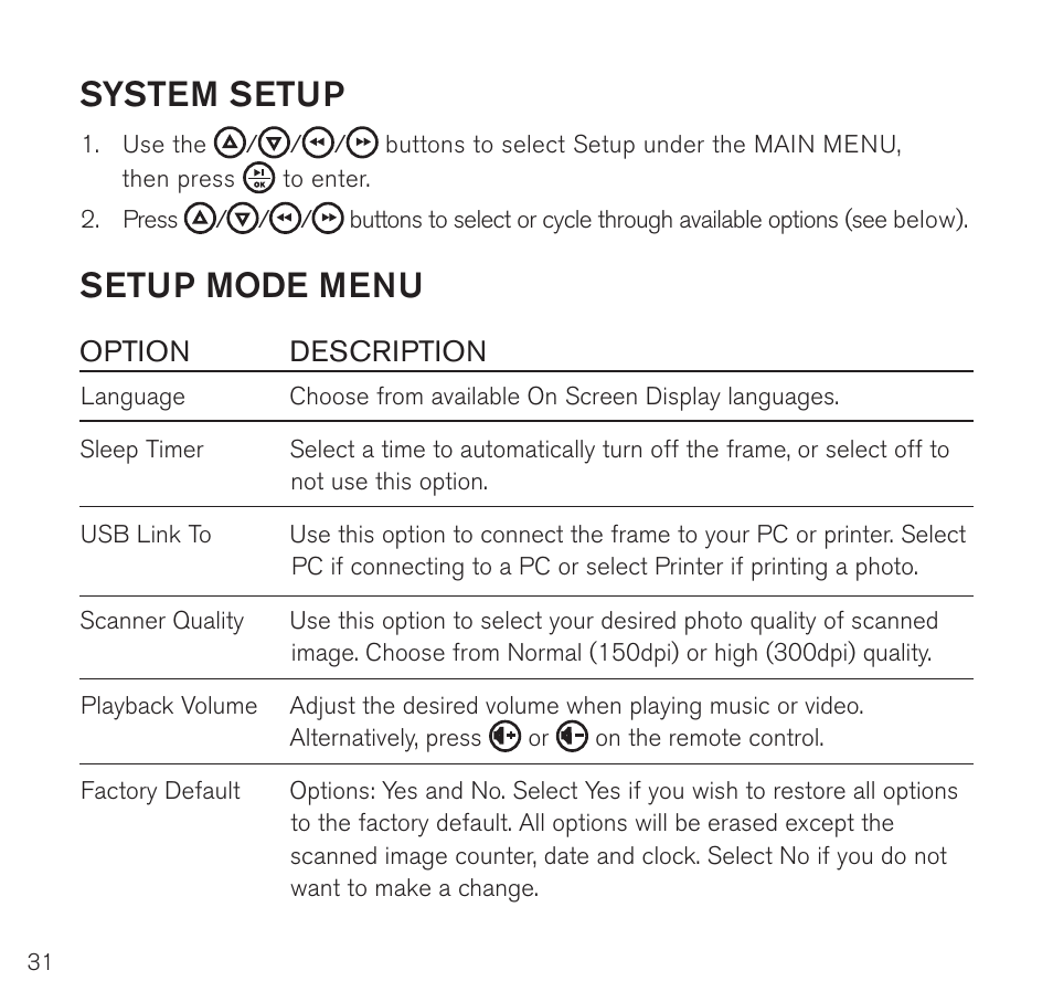 System setup, Setup mode menu | Brookstone Digital Photo Frame User Manual | Page 32 / 40
