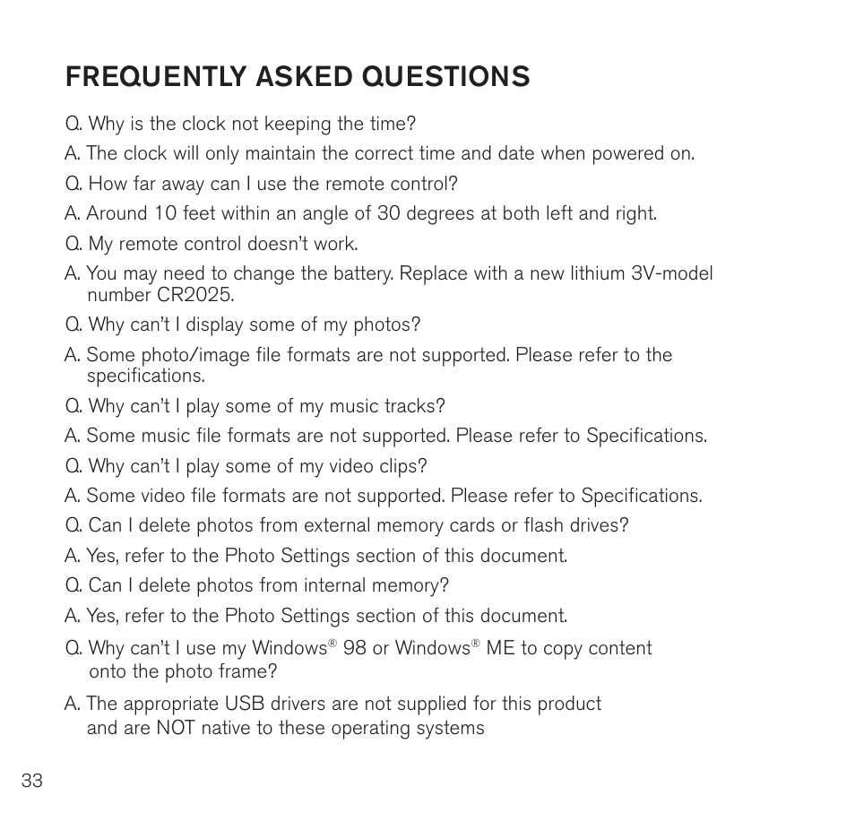 Frequently asked questions | Brookstone Digital Photo Frame User Manual | Page 34 / 40