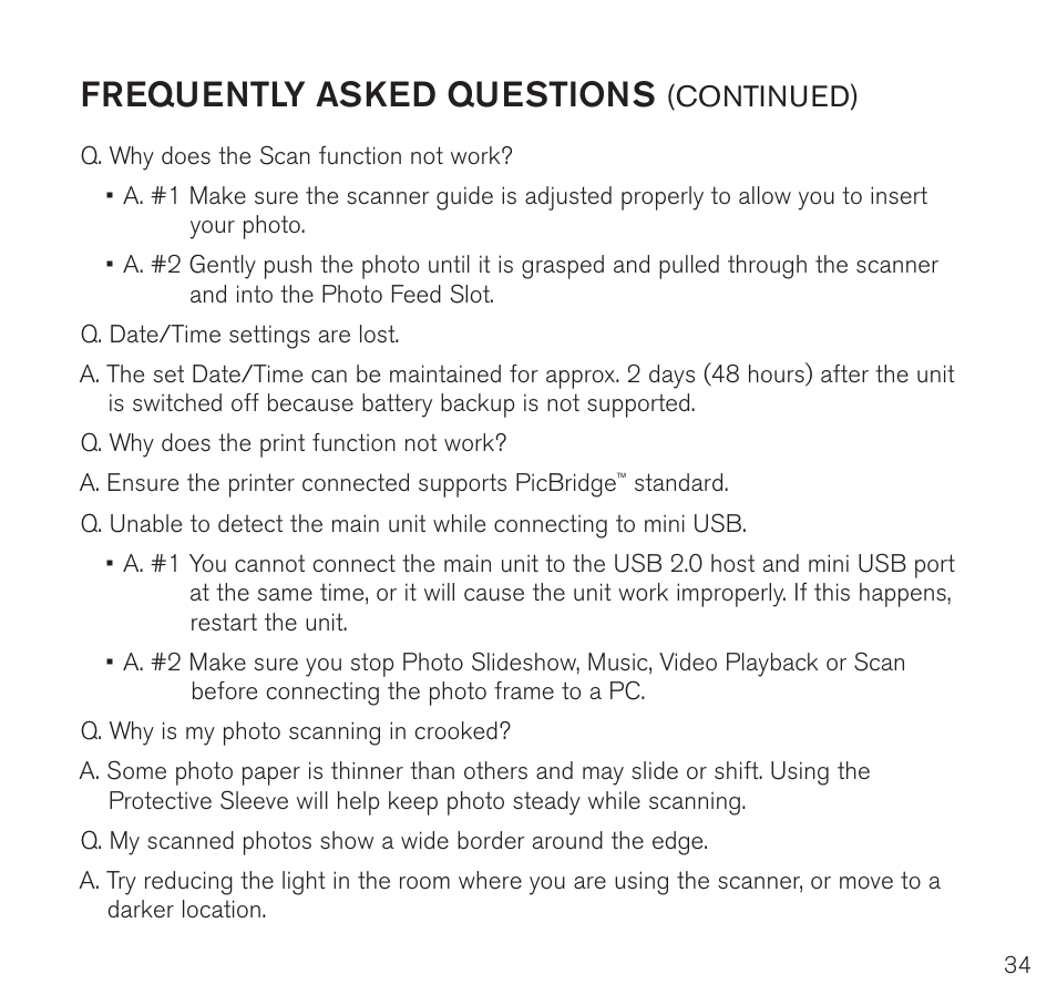 Frequently asked questions, Continued) | Brookstone Digital Photo Frame User Manual | Page 35 / 40