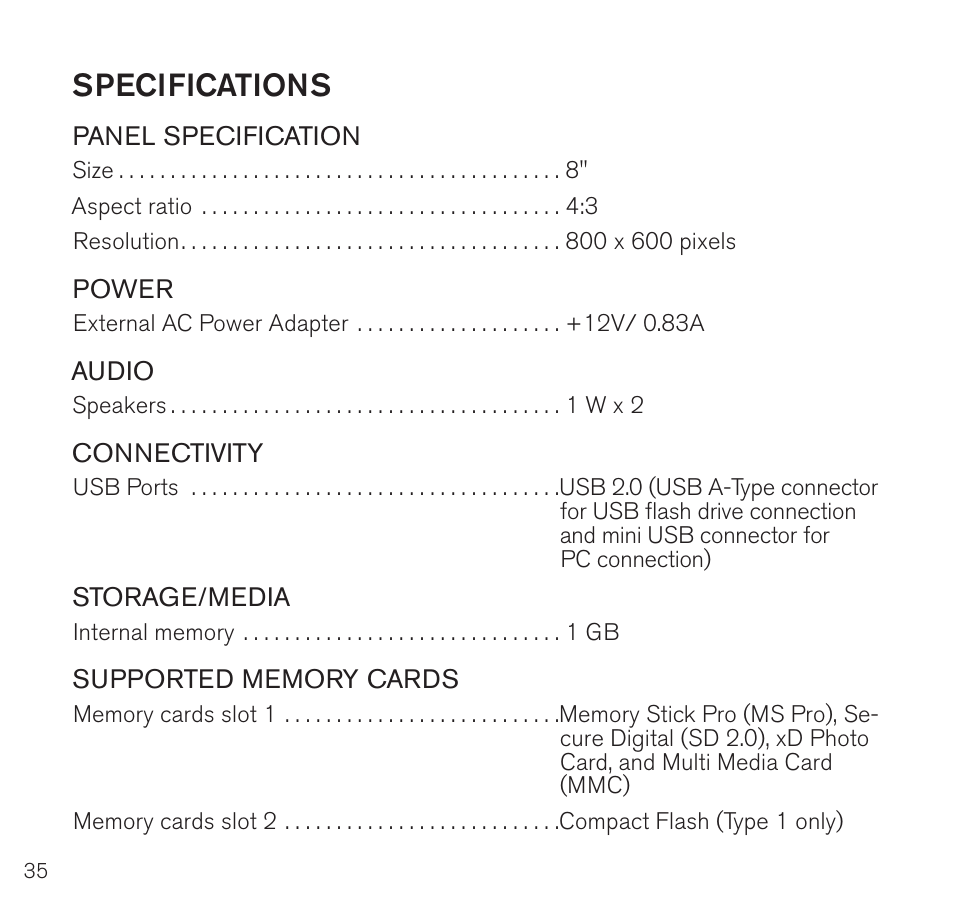 Specifications | Brookstone Digital Photo Frame User Manual | Page 36 / 40