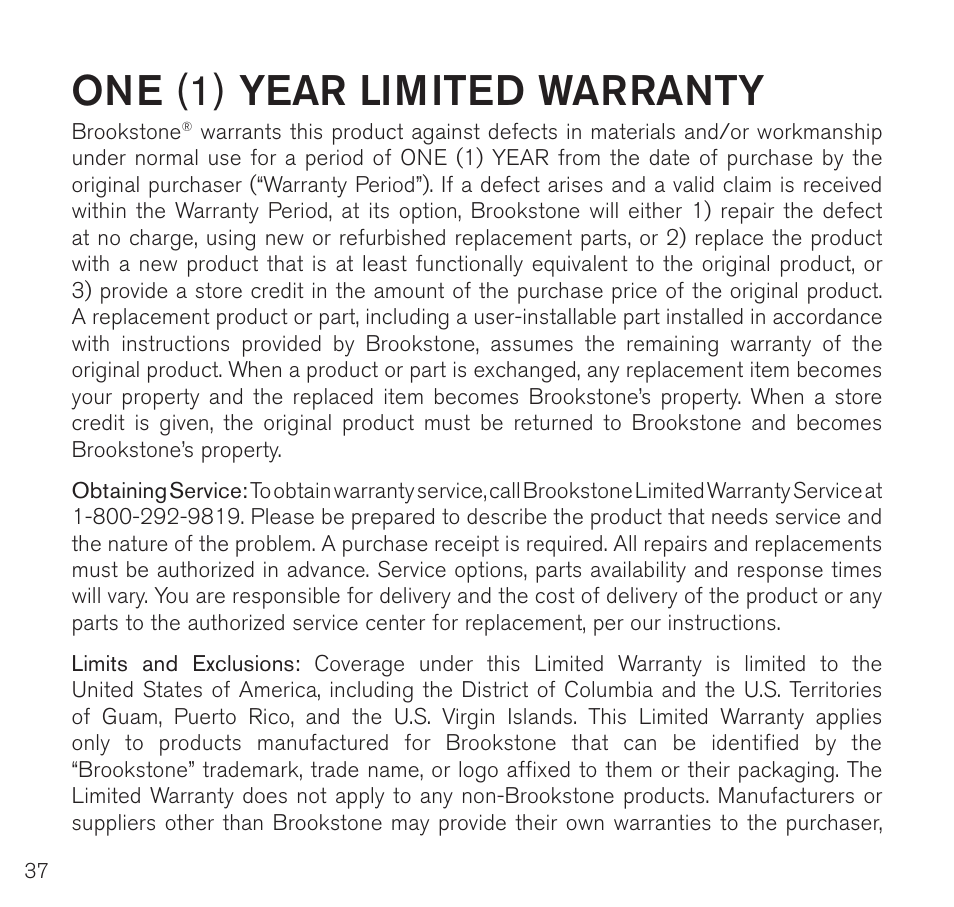 One (1) year limited warranty | Brookstone Digital Photo Frame User Manual | Page 38 / 40