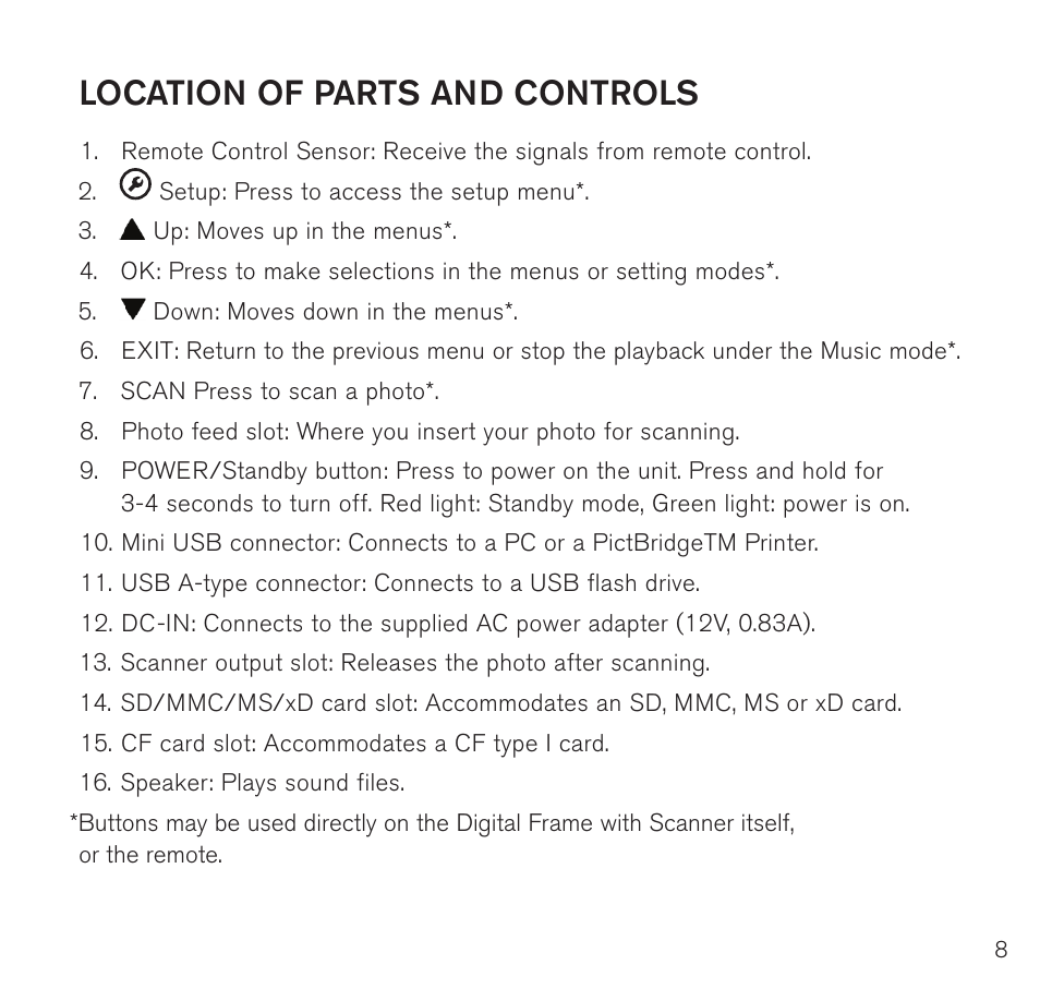 Location of parts and controls | Brookstone Digital Photo Frame User Manual | Page 9 / 40