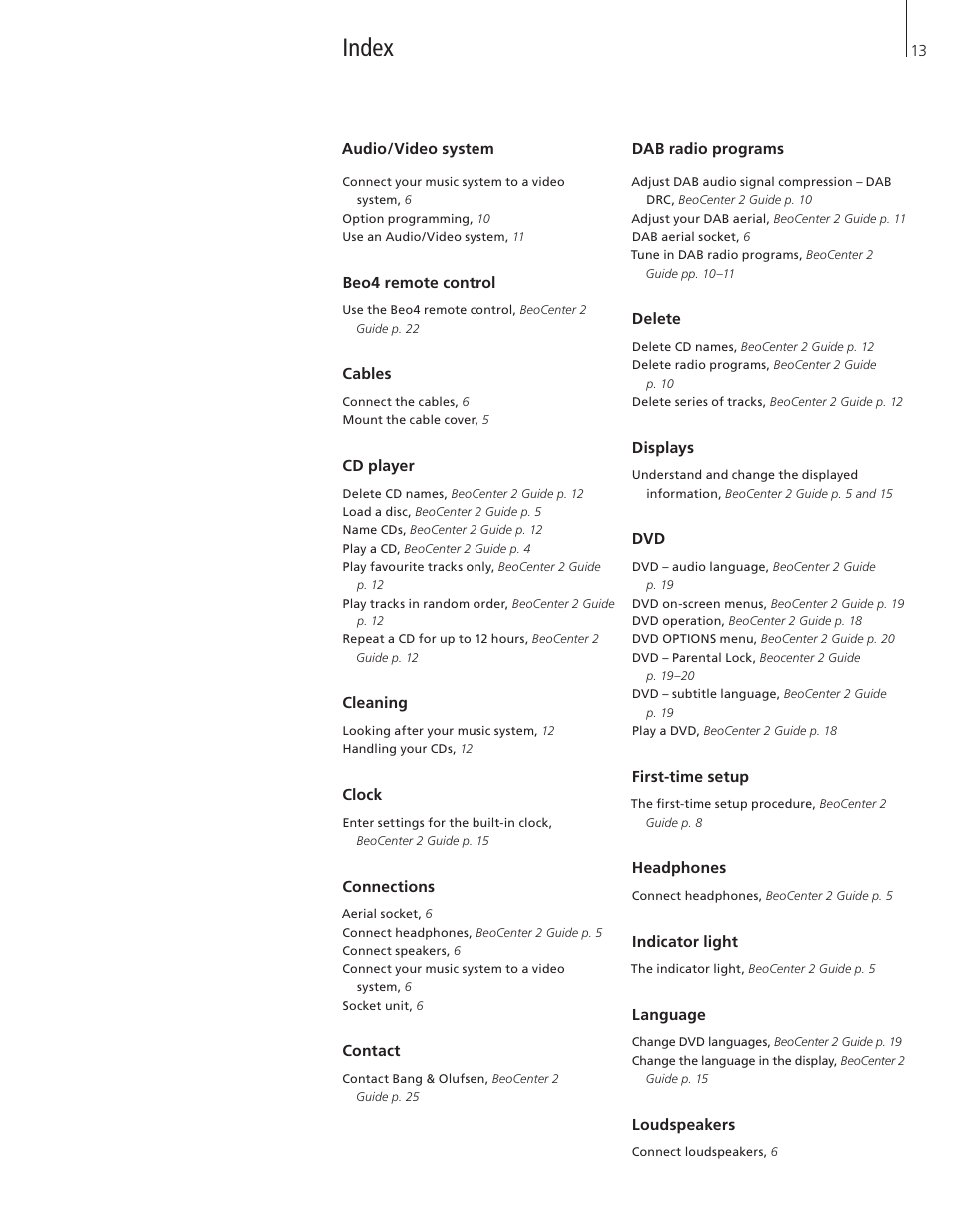 Index | Bang & Olufsen BeoCenter 2 Socket Unit - User Guide User Manual | Page 13 / 16