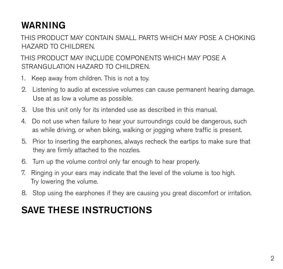 Warning, Save these instructions | Brookstone E5 User Manual | Page 3 / 8