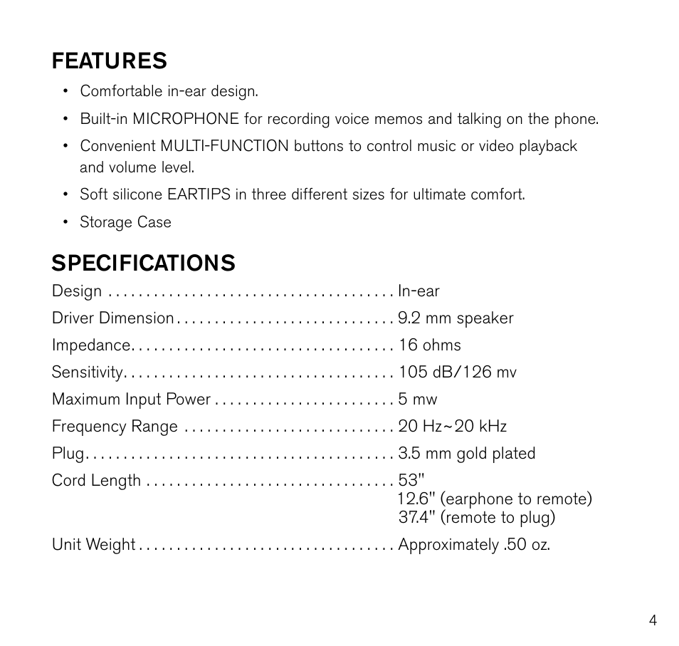 Features, Specifications | Brookstone E5 User Manual | Page 5 / 8
