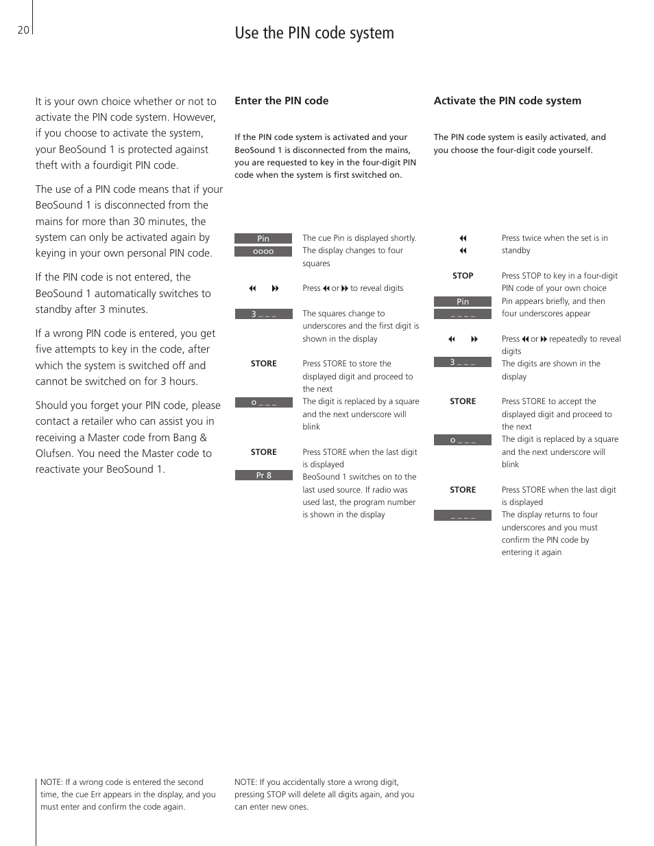 Use the pin code system | Bang & Olufsen BeoSound 1 - User Guide User Manual | Page 20 / 24