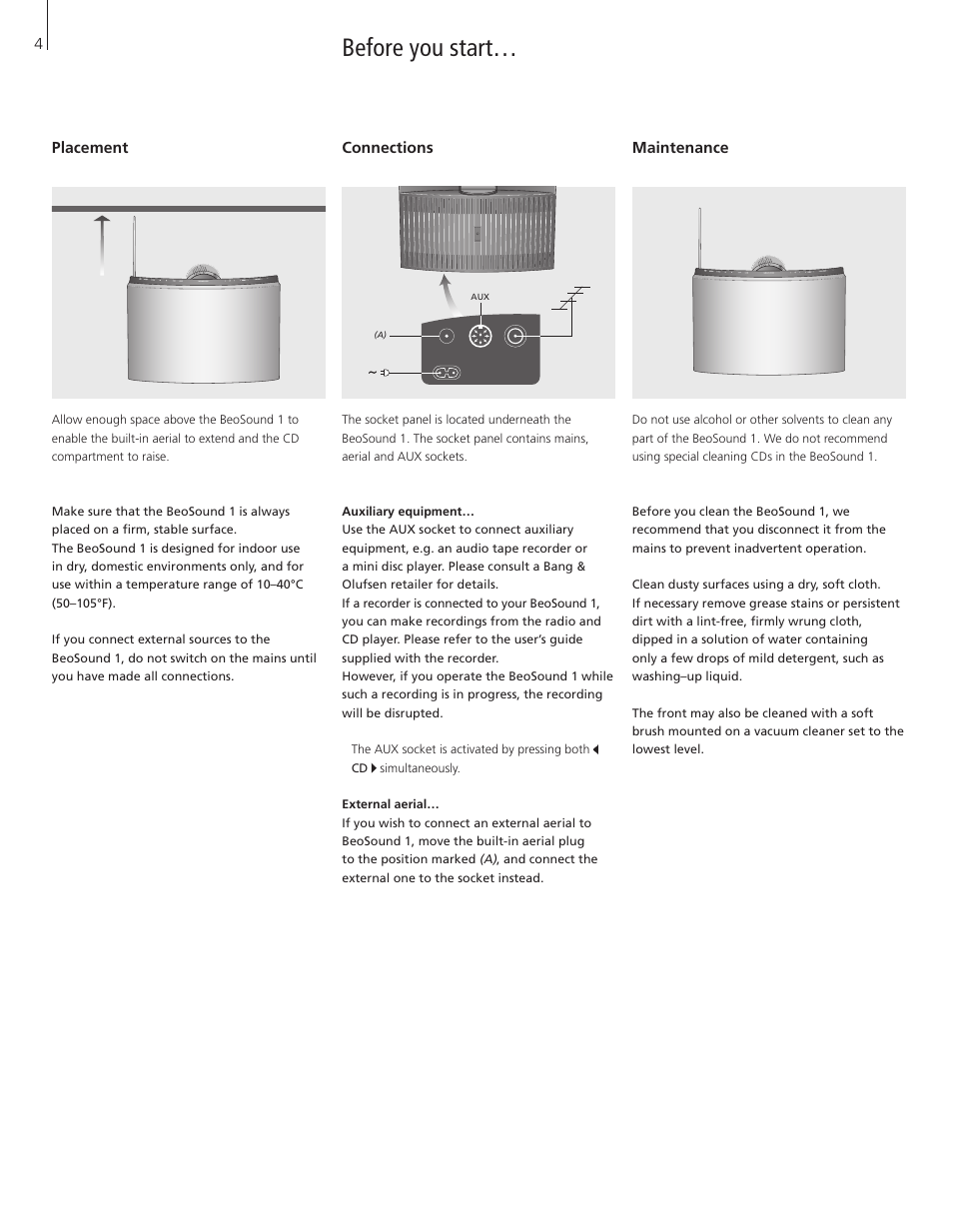 Before you start | Bang & Olufsen BeoSound 1 - User Guide User Manual | Page 4 / 24