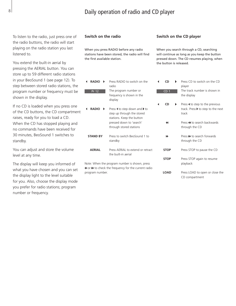 Daily operation of radio and cd player | Bang & Olufsen BeoSound 1 - User Guide User Manual | Page 8 / 24