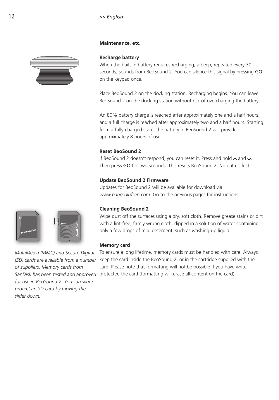Maintenance, etc | Bang & Olufsen BeoSound 2 - User Guide User Manual | Page 12 / 56