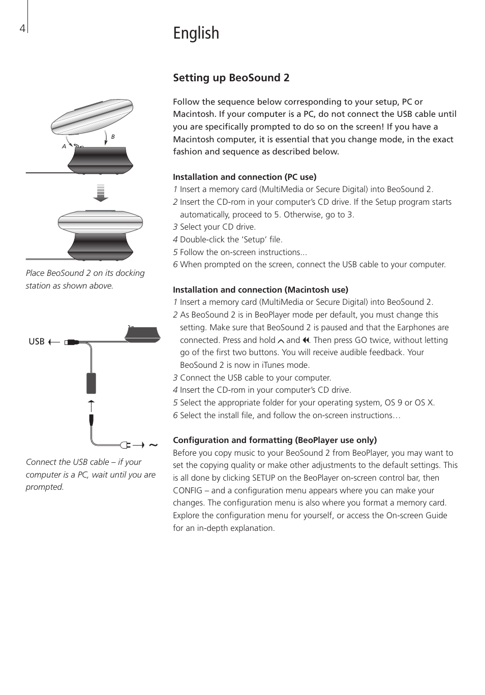 English, Setting up beosound 2 | Bang & Olufsen BeoSound 2 - User Guide User Manual | Page 4 / 56