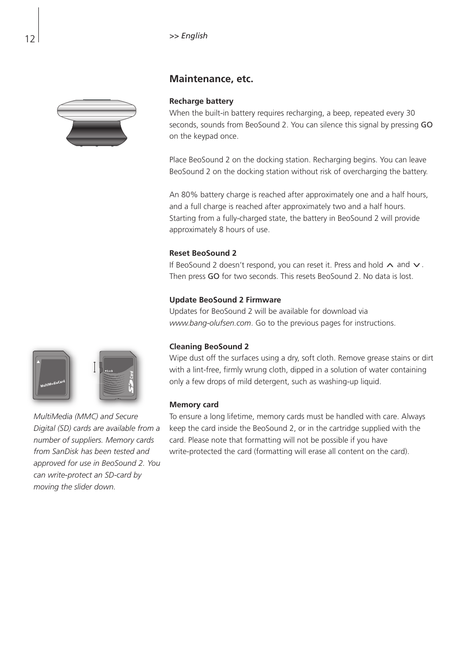 Maintenance, etc | Bang & Olufsen BeoSound 2 - User Guide User Manual | Page 12 / 46