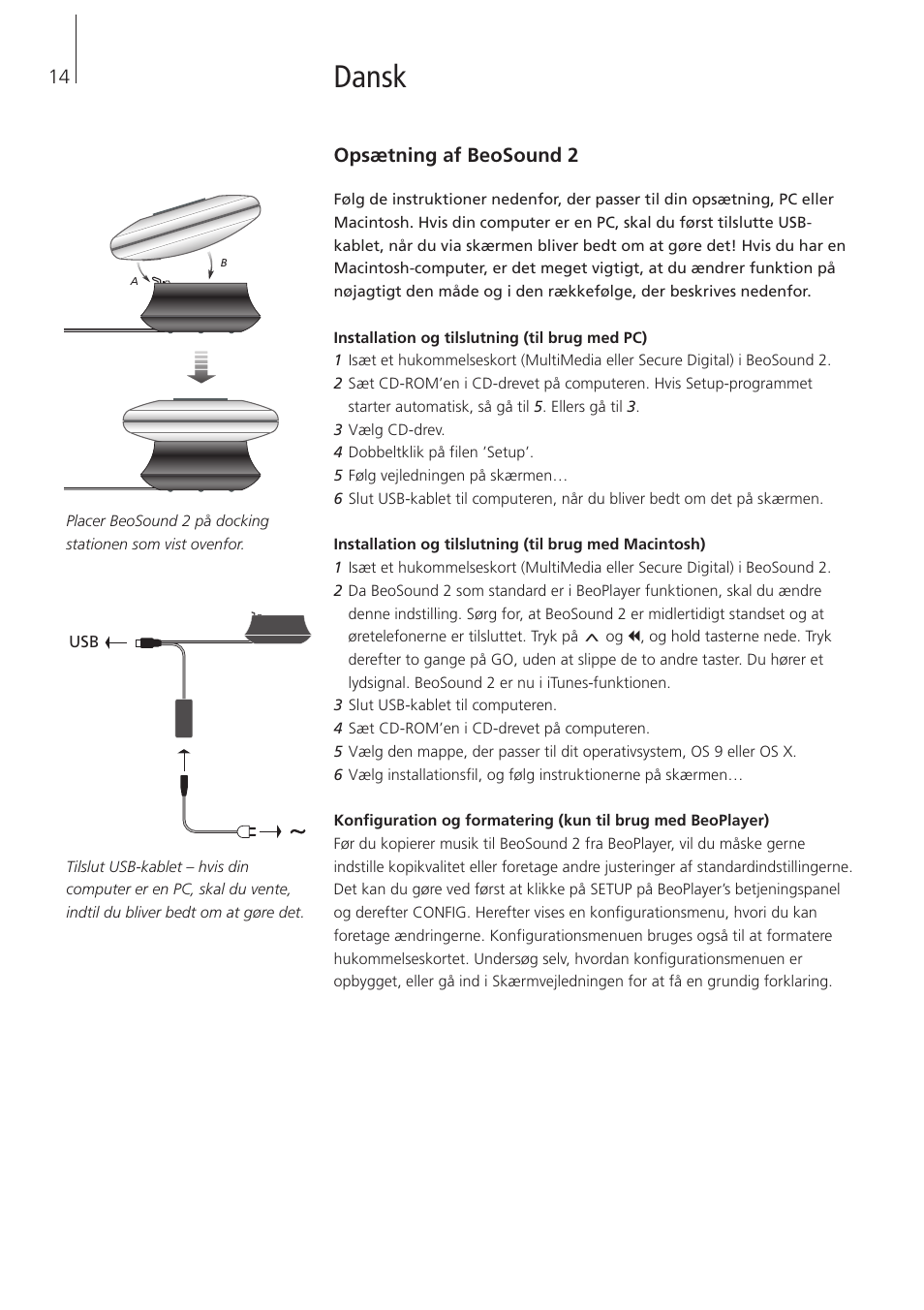 Dansk, Opsætning af beosound 2 | Bang & Olufsen BeoSound 2 - User Guide User Manual | Page 14 / 46