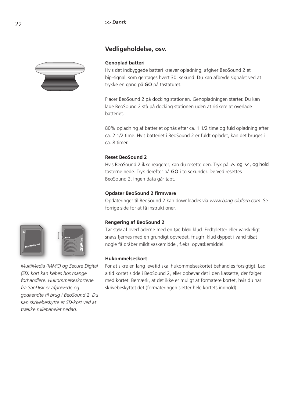 Vedligeholdelse, osv | Bang & Olufsen BeoSound 2 - User Guide User Manual | Page 22 / 46