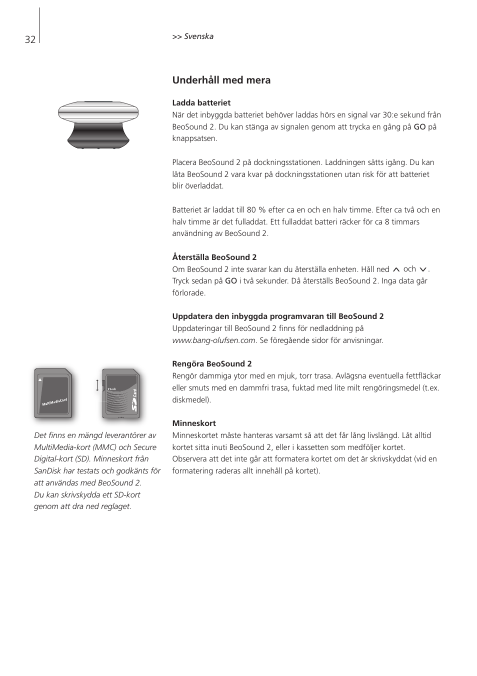 Underhåll med mera | Bang & Olufsen BeoSound 2 - User Guide User Manual | Page 32 / 46